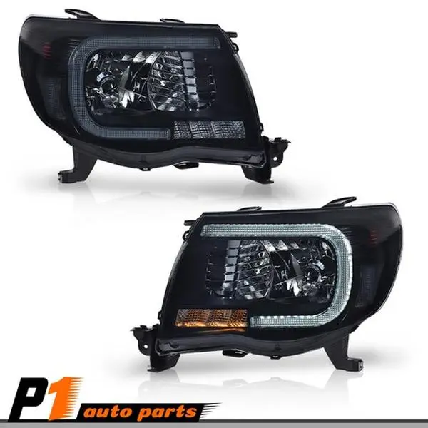 Bolt-On Type Smoke LED Tube DRL Projector Headlights - 1 Pair Fit for 2005-2011 Toyota Tacoma, Direct Swap, Night Safety, UV-Resistant