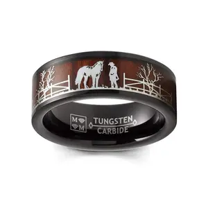 Black Tungsten Horse Equestrian Ring Wedding Band Wood Inlay Stallion