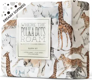 Where The Polka Dots Roam Safari Animals Bedsheet Set - Jungle Adventure Bedding for Explorers, Includes Fitted Sheet, Flat Sheet and Pillowcases - Wildlife Wonders Decor for Boys Room