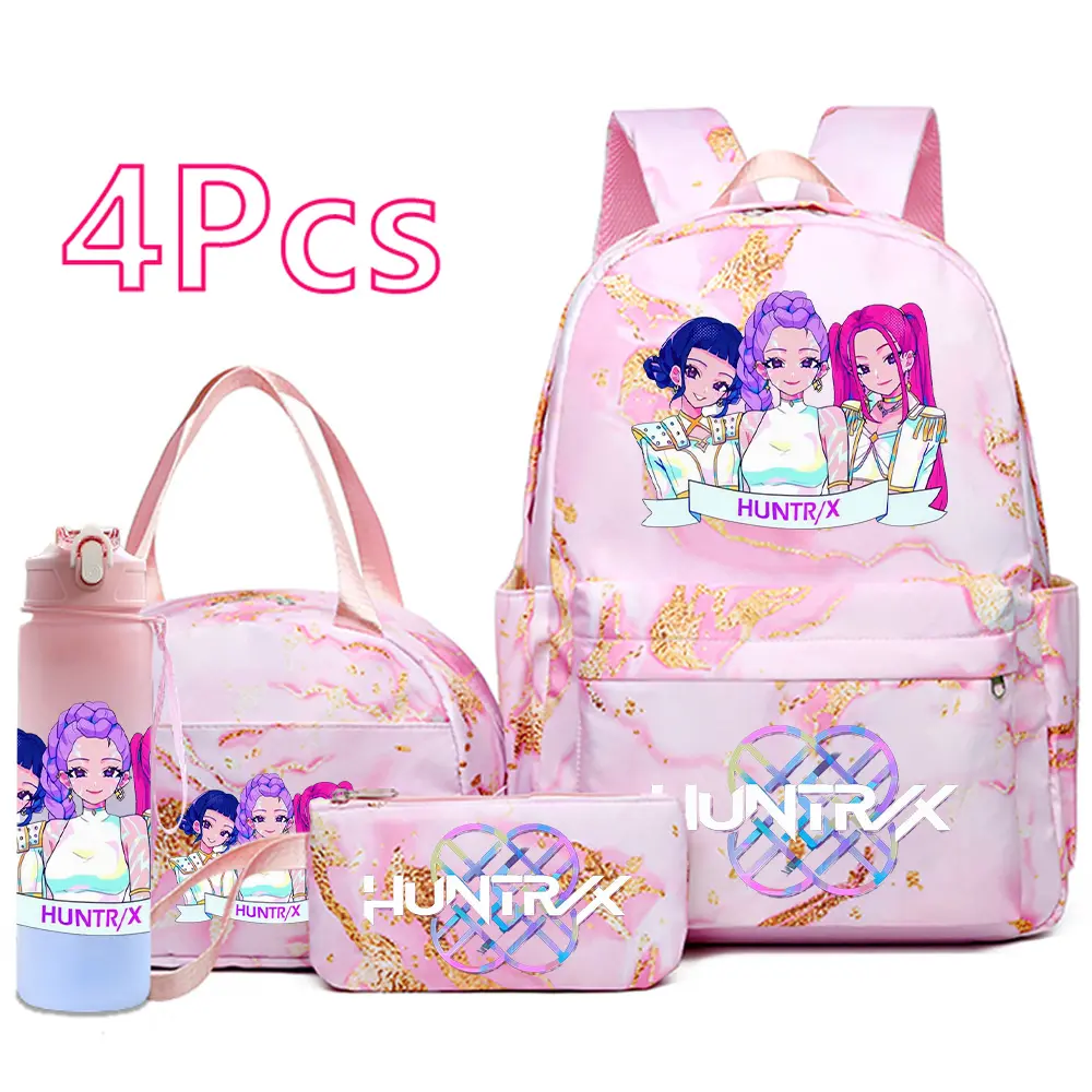Girls' K-Pop Demon Hunters 4PCS Backpack Set - Rumi, Mira, Zoey Themed School Backpack, Lunch Tote, Pencil Case & Water Bottle, Lightweight Kids' Travel Bag