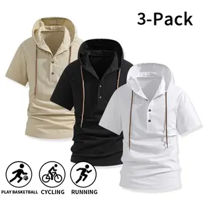 Summer vibe three-piece set for men: half-button short-sleeve hooded T-shirt | breathable loose Henley-collar hoodie, suitable for sports and everyday wear