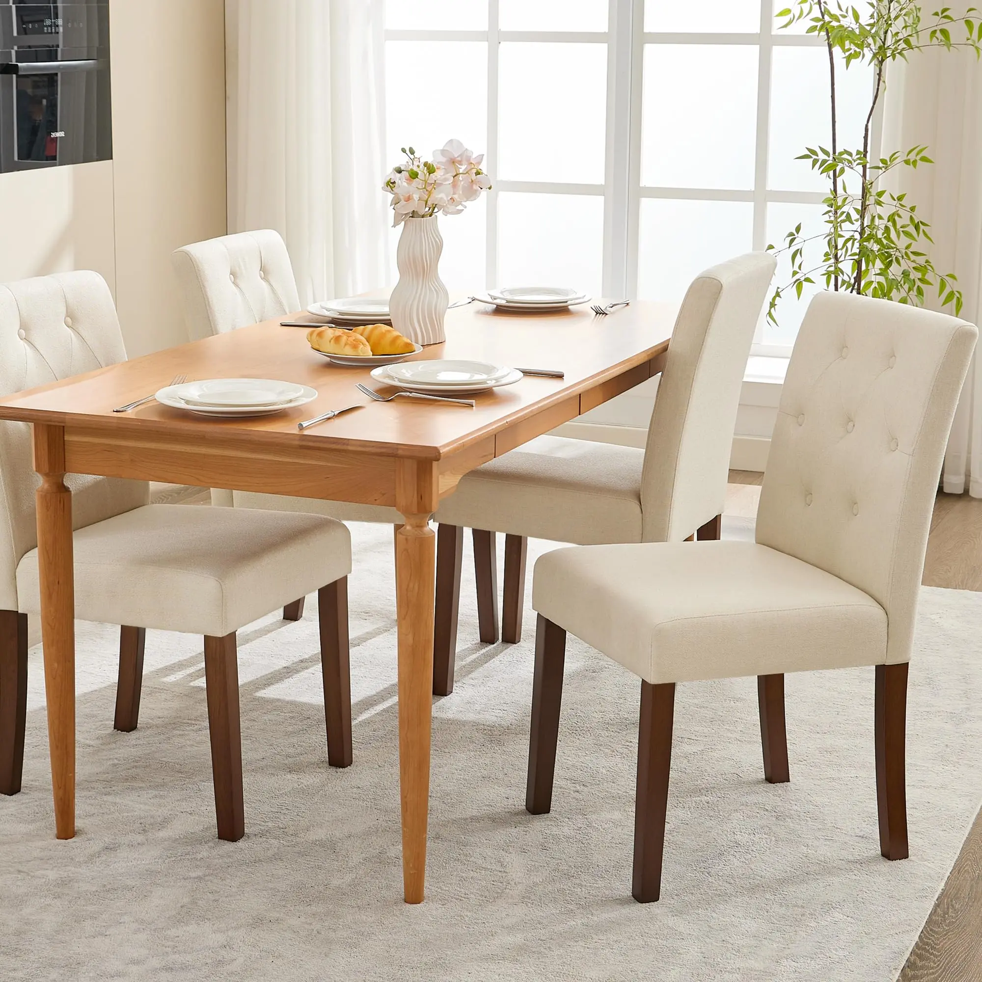 YJ-Garvee Upholstered Dining Chairs ,4 chairs, Button Tufted Parsons Chairs with Wood Legs and Padded Seat, Modern Fabric Side Chairs for Dining Room Kitchen Farmhouse Hotel, Off White