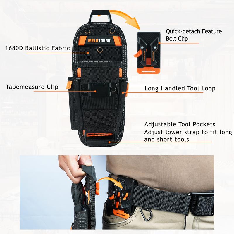 MELOTOUGH Small Tool Pouch with Quick Release Belt Clip Heavy Duty 600D Material 8 Pockets Electrician Tape Holder for Technicians & Maintenance Workers Rugged Construction Durability