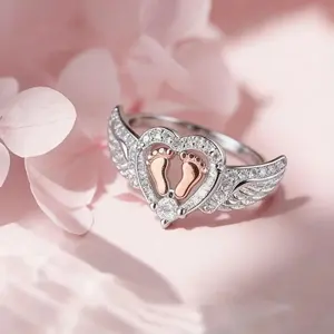 2026 New Old Money Minimalist Mommy of an Angel Sterling Silver Ring, Angel Wing Heart Footprint Memorial Ring, Sentimental Remembrance Jewelry, Sweet Gift for Holiday & Souvenir Summer Vibes