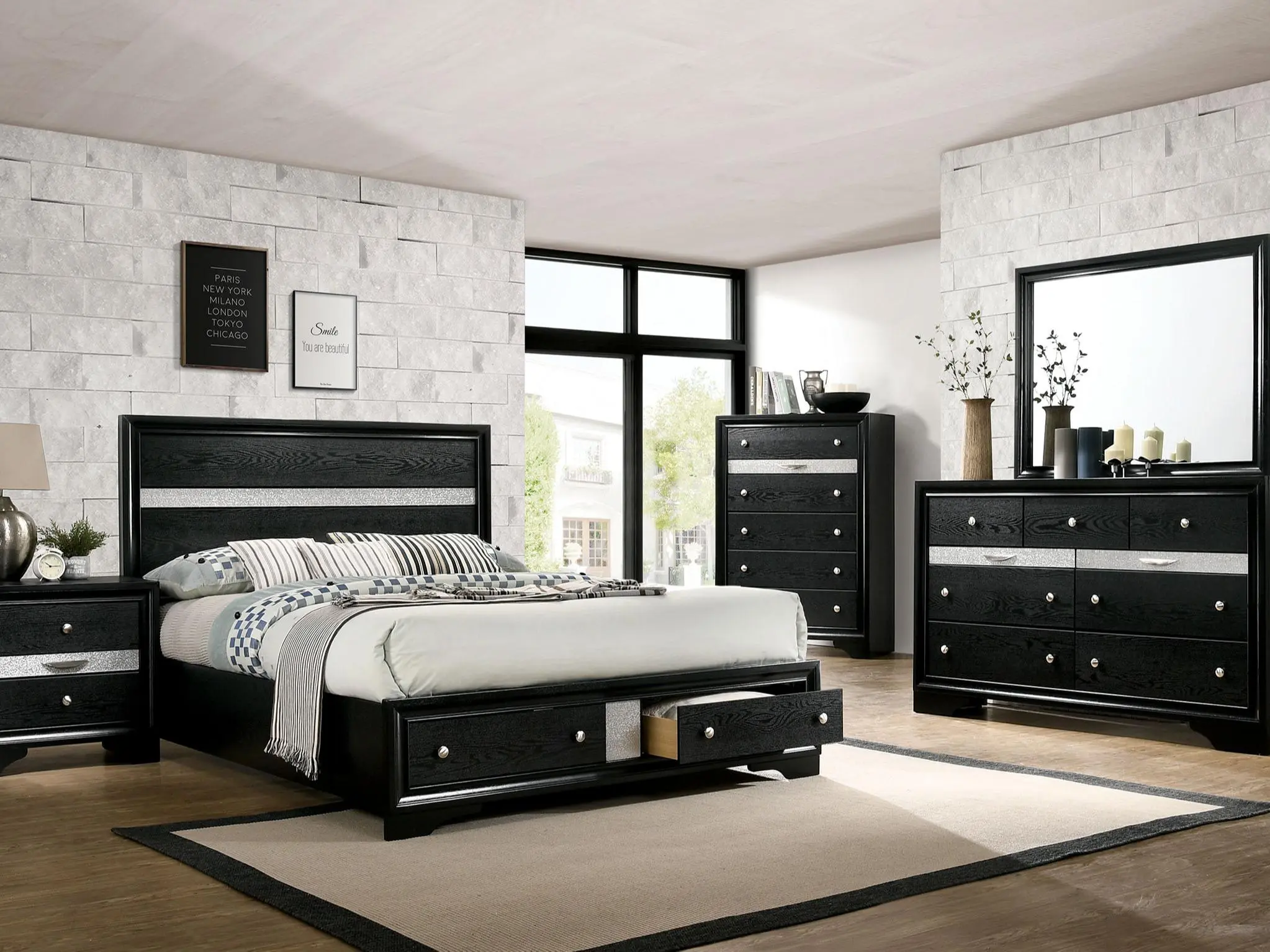 CHRISSY Contemporary 4-Piece Bedroom Set with Footboard Drawers