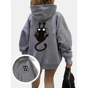 Women's Winter Hooded Sweatshirt with Cute Cat & Kitten Print Cozy Pullover Hoodie Casual for Cat Lovers 100% Polyester