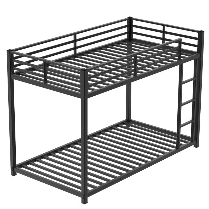 Twin Over Twin Metal Bunk Bed, Low Bunk Bed with Ladder, Bed Frame,Black, Sturdy Steel Construction, Safe Design, Easy Assembly, 250lb Upper Bed Capacity, 350lb Lower Bed Capacity