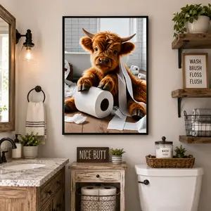 Highland Cow Bathroom Wall Art Canvas Print, Funny Farm Animal Poster Decor, Rustic Modern Bathroom Decor, Unique Gift for Animal Lovers
