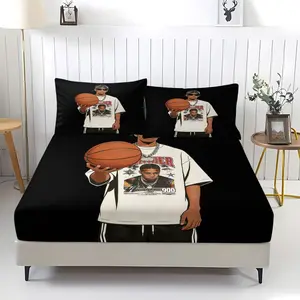 Black background basketball pattern printed bed sheet, including 1 bed sheet and 2 pillowcases, anti slip dust cover suitable for bedrooms and guest rooms, suitable for personal use or gift giving