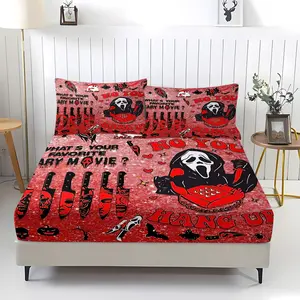 Midnight Horror Printed Cartoon Pattern Bed Sheet, Comfortable Printed Pattern, Includes 1 Bed Sheet and 2 Pillowcases, Comfortable Bedding, Non slip Dust Cover Suitable for Bedroom and Guest Room, Suitable for Children and Adults as Gifts