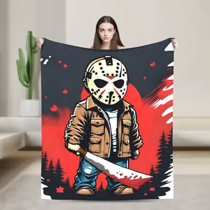 Friday the 13th Jason Voorhees themed printed flannel blanket - soft all-season comfort, perfect for home, office, picnics and camping