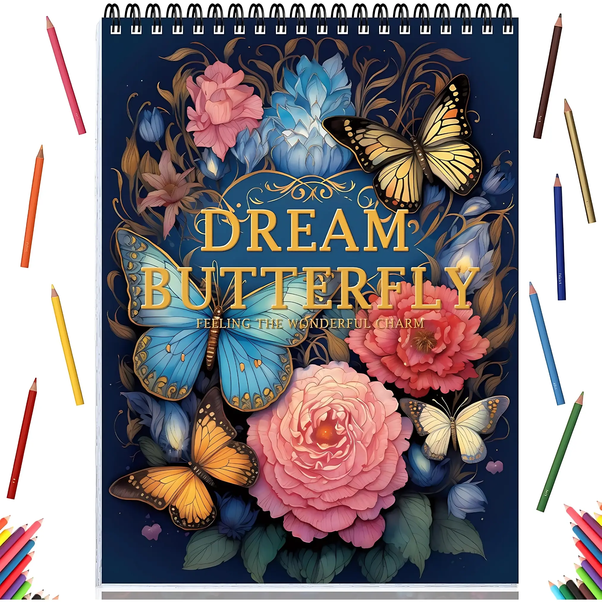 Spiral-Bound English Adult Coloring Book - Thick 1-Sided Paper Pages, 30 Dream Butterfly & Floral Designs, Anxiety & Depression Relaxation Tool, Birthday Gifts for Friends, All Skill Levels Arts and Crafts Supplies