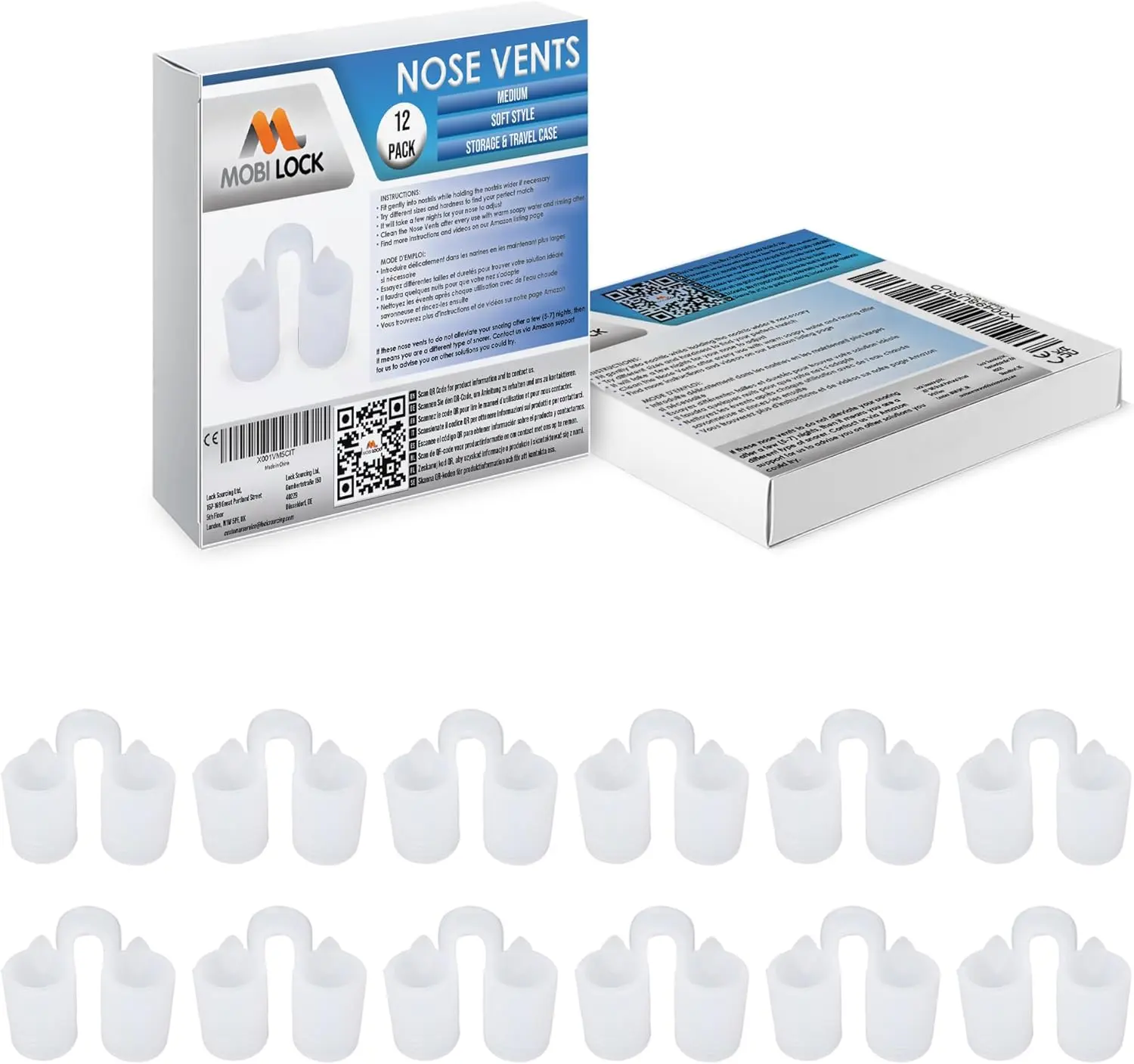 Mobi Lock Sinus Relief Nasal Vent Dilator (12-Pack Medium Size) - Gentle Soft Vents, Prop 65 Safe, Reusable Storage-Ready Device for Nasal Snorers