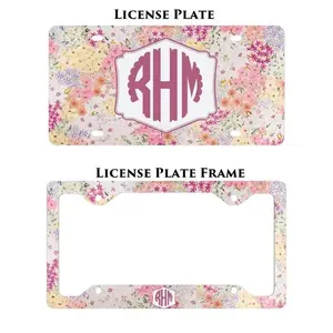Personalized Floral License Plate & Frame Set, Custom Monogram Car Tag, Pink Flower Vanity Plate, Cute Car Accessories for Women