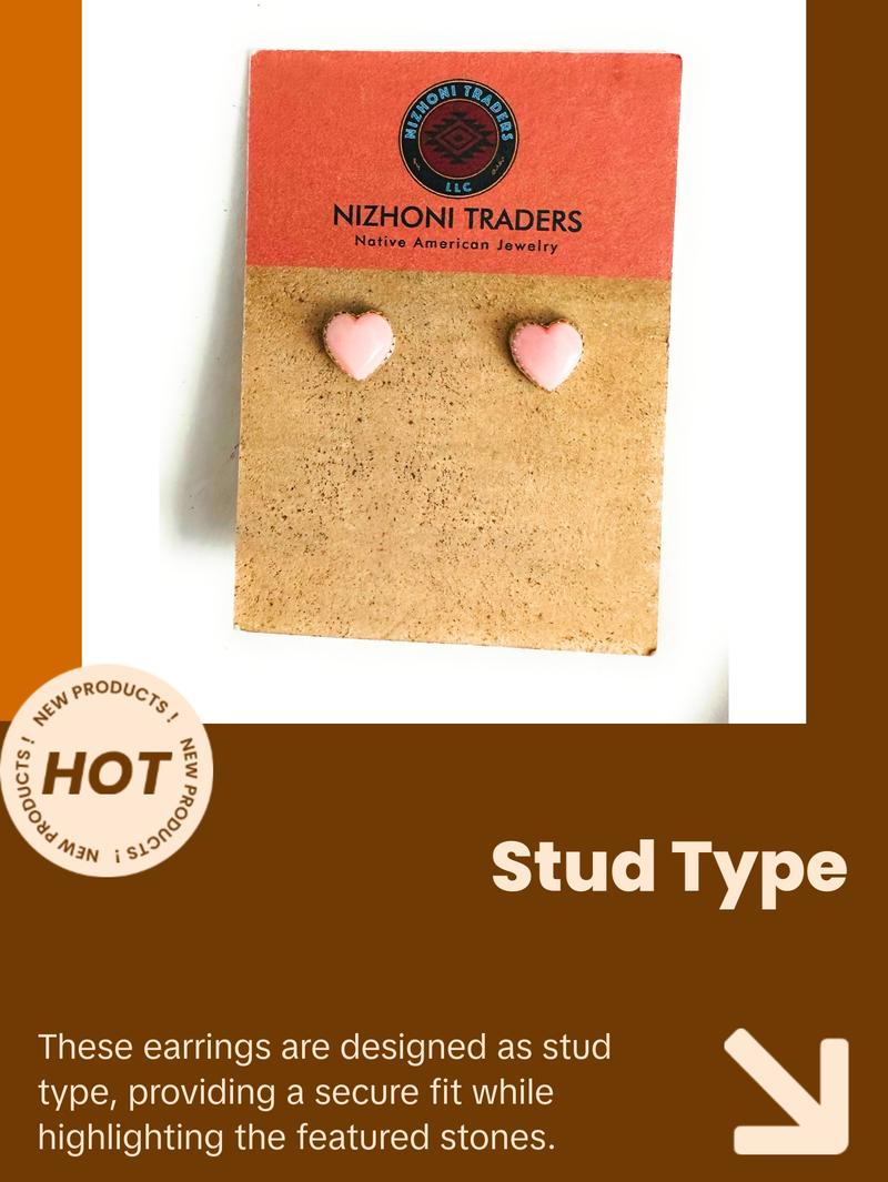 Navajo Queen Pink Conch & Sterling Silver Heart Stud Earrings