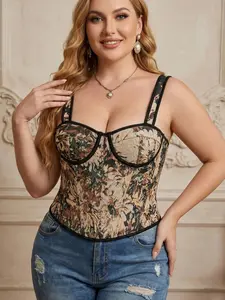 Plus Size Vintage Jacquard Floral Corset Top, Adjustable Back Straps, Shoulder Straps, Slimming, Outerwear & Inner Layer, Sleeveless Cami Tops, All Seasons Fashion