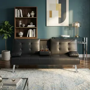 65.9'' Black Faux Leather Tufted Convertible Sofa, Futon Sofa Bed With 2 Foldable Cup Holders, Removable Armrests, Sturdy Iron Frame, High-Density Sponge, Small Space Friendly