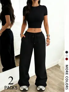 Women's 2-piece set: Casual crewneck short-sleeve fitted crop tee and wide-leg pants Crop Top Womenswear | #WomensSet #CropTee #WideLegPants