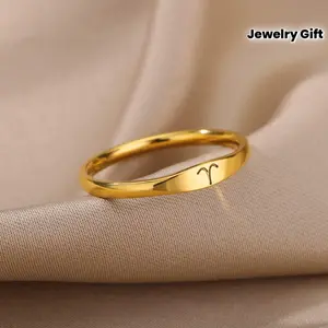 Tiny Zodiac Sign Ring for Women 14K Golden Plated Plated Stainless Steel Zodiac Ring Constellation Synthetic Gemstoneini Ring Birthday Jewelry Gift