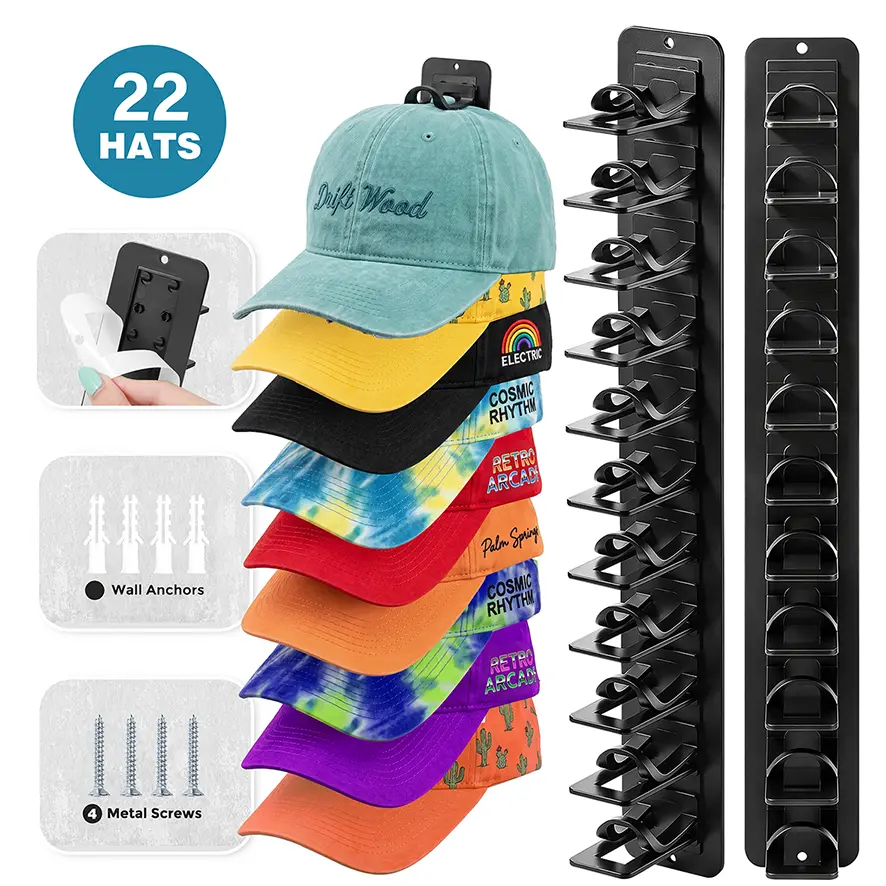【2026 Upgraded】Detachable Hat Organizer for Baseball Caps, Hat Rack on Wall Hold Up to 22 Hats, Hat Storage Ideas for Men, Wall-Mounted Hat Holer on Wall Installs with Adhesive and Screws, Hat Hanger for Storing Baseball Caps on Bedroom Closet Door