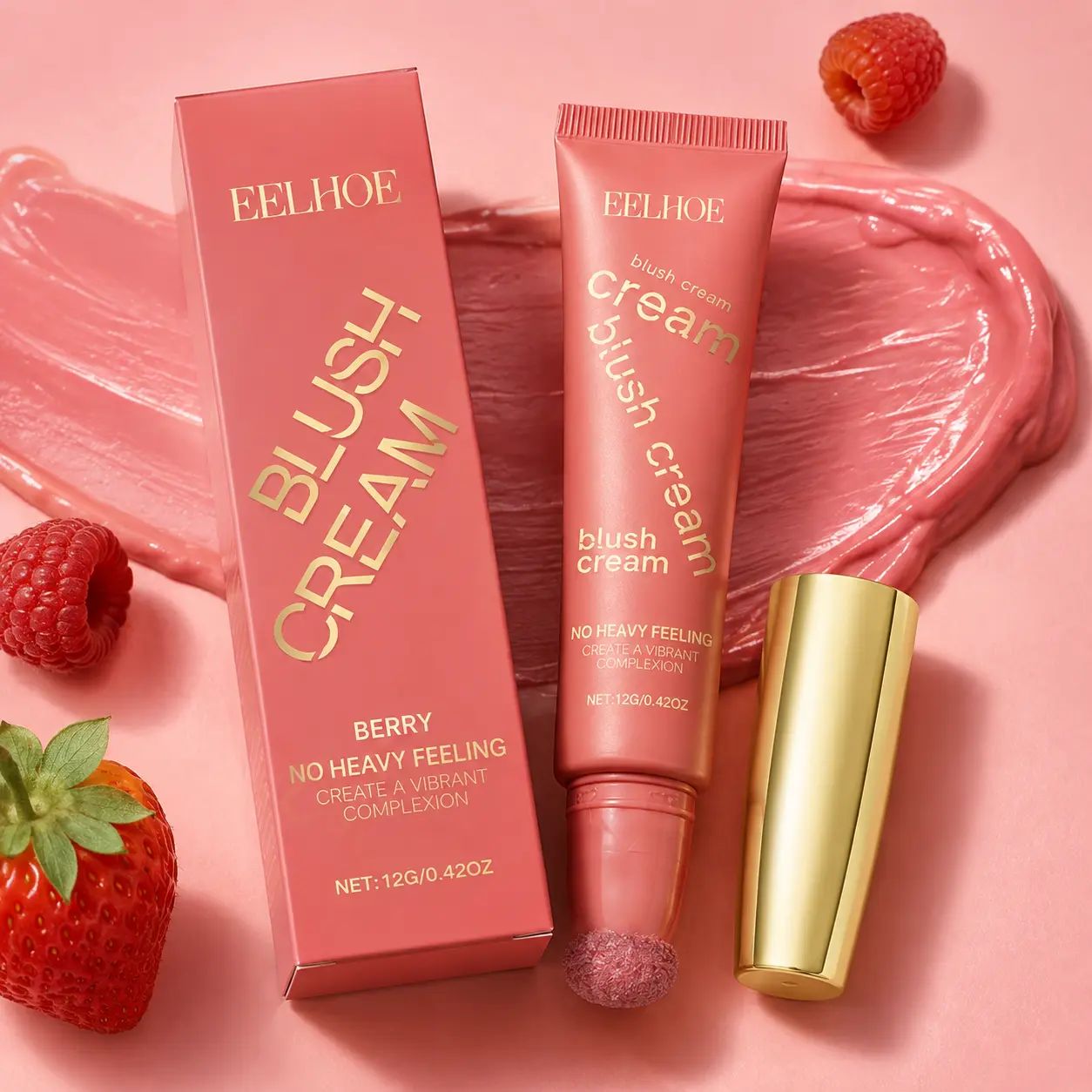 Cream Blush with Cushion Sponge Applicator, Berry Buildable Cheek Color, Lightweight Blendable Formula, Natural Rosy Glow, Easy On-the-Go Makeup for All Skin Types, 12g