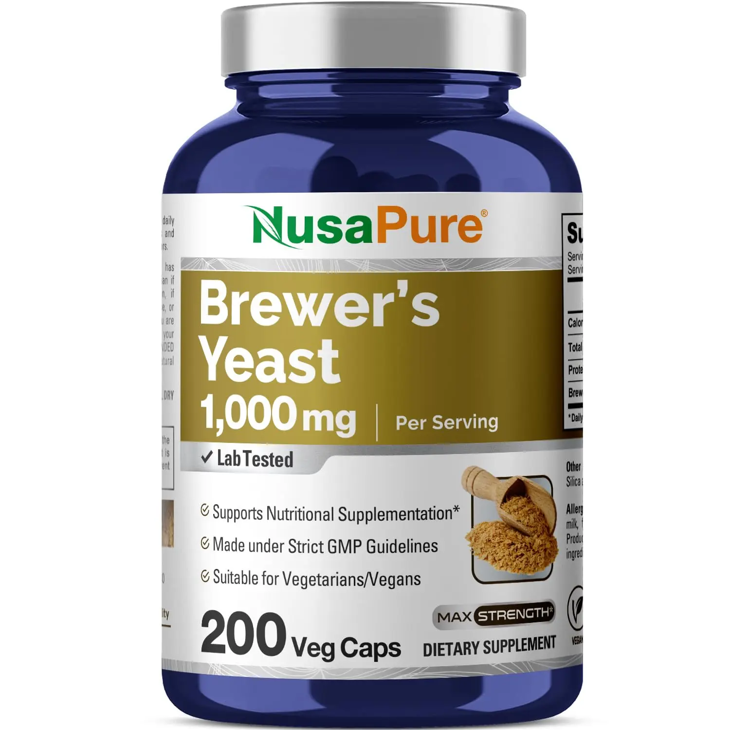 NusaPure Edible Brewer’s Yeast Dietary Supplement Capsules - 1000mg, 200 Count, Vegan-Veggie, GMO-Free, Plant-Based Adults Wellness GMO Free Vitamins Supplements, 1,000 Mg