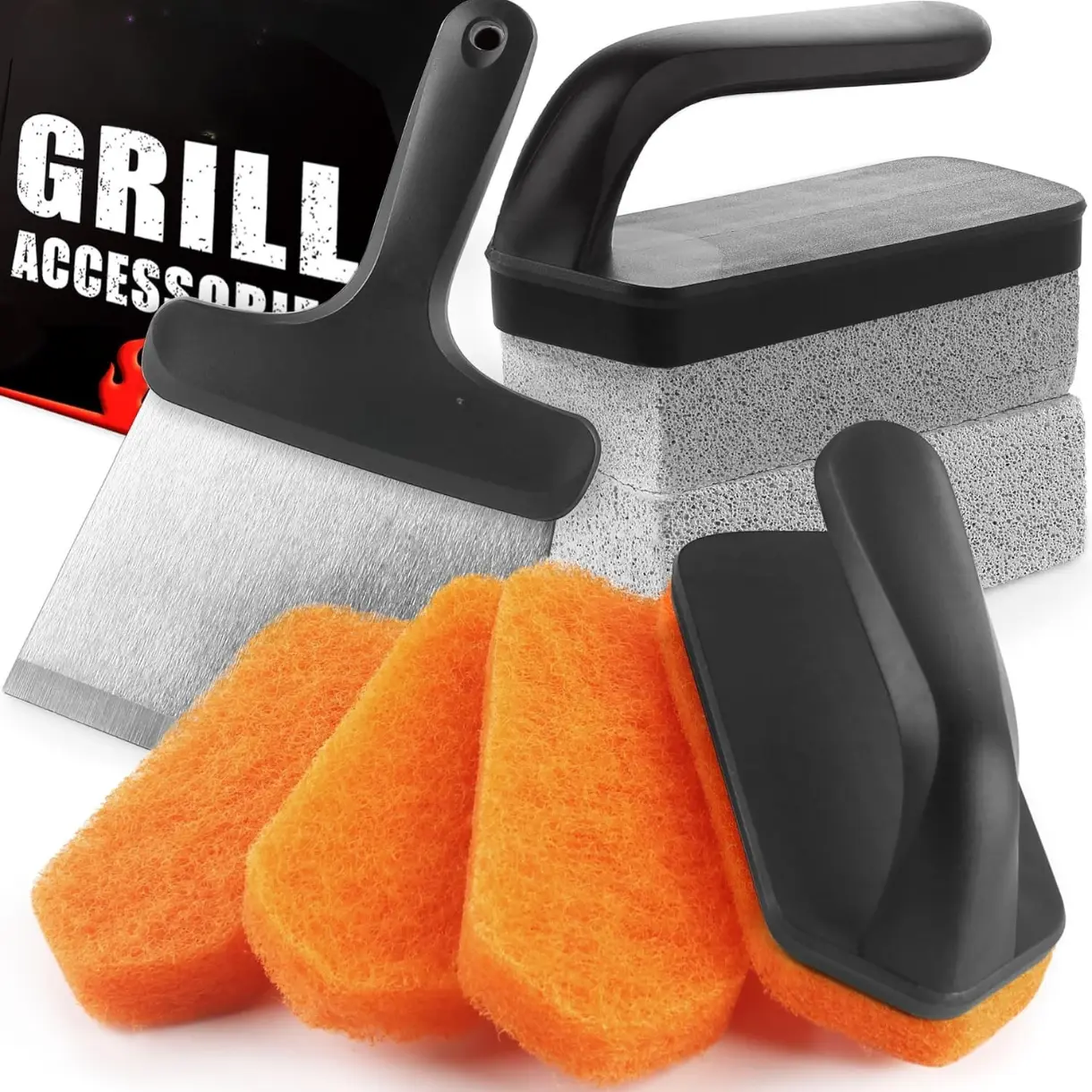 Griddle Cleaning Kit for Blackstone, Flat Top Grill Cleaning Kit with Grill Stone, Griddle Scraper, Scouring Pad and Handles, Multifunctional Griddle Accessories for Rusty Grills, Orange