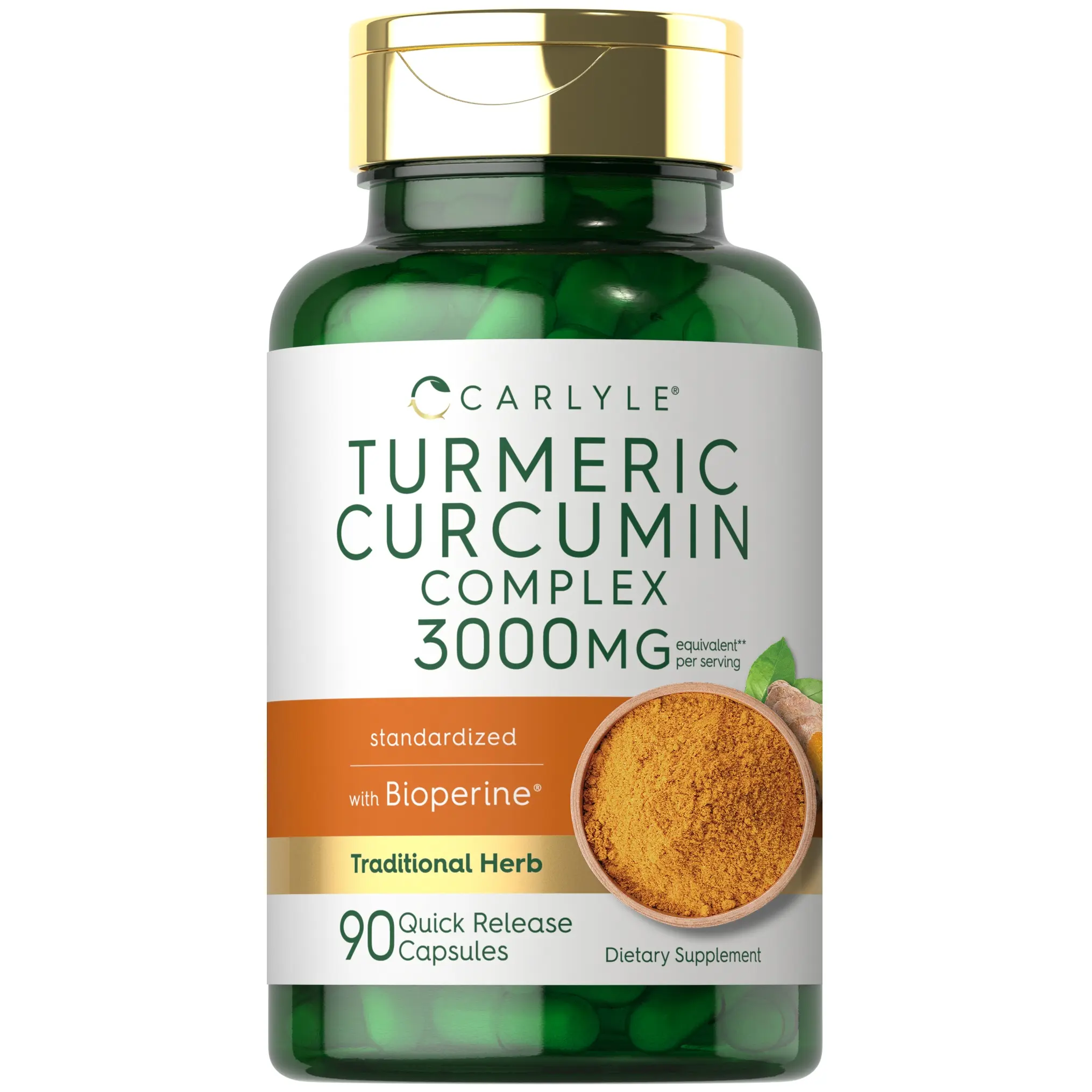 Carlyle Turmeric Curcumin with Black Pepper 3000mg - 90 Powder Capsules - Complex Supplement with Bioperine - Non-GMO, Gluten Free