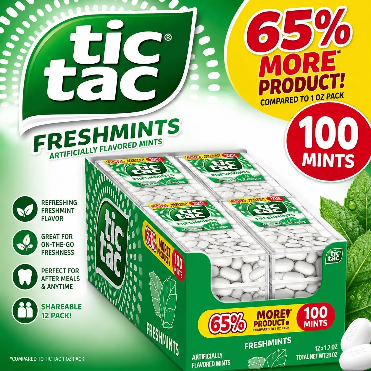 Tic Tac Freshmint Breath Mints, 1.7oz 12-Pack, Gluten-Free Pocket-Size Candy Breath Fresheners