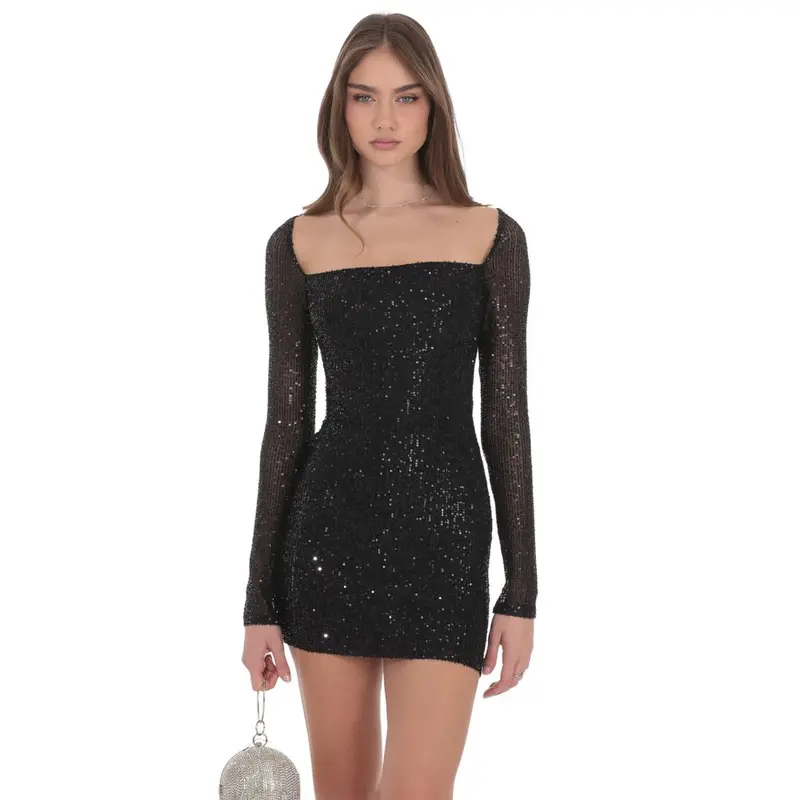princess polly baby blue dress Long Sleeve Keyhole Cut Out Skater Mini Dress In Black Sequin | EGO US