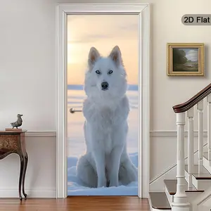 2D Flat Arctic Dog Sticker Art, Sunlight Snow Scene Print Decor, Self-Adhesive Door Sticker, Winter Spirit Home Decoration