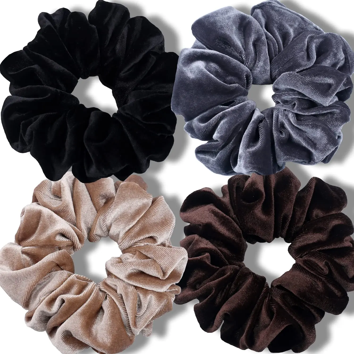Women's Premium Velvet 6-in Jumbo Scrunchies for Thick Hair - 4-Pack Neutral Black Hair Accessories with Excellent Elasticity, Elastic Hold, Soft & Comfortable Gently Secure Hold