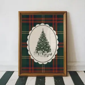 Plaid Christmas Tree Decor, Printable Christmas Wall Art, Vintage Style Holiday Tree Print