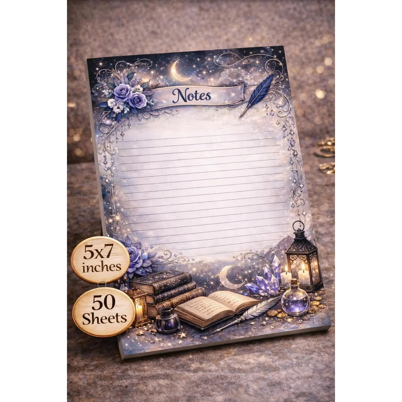 Moonlit Magic 5x7 Notepad – Celestial Bookish Notes Pad
