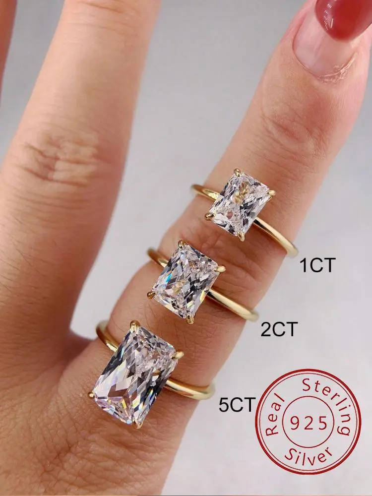 925 Sterling Silve Luxury Shiny 1-5CT Zircon Rectangle Ring For Women Engagement Wedding Gorgeous  Fine Jewelry