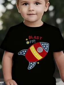 Boys' Summer Breathable & Comfortable "Space Rocket" Cartoon Print (3-12Y) Casual Sports T-Shirt