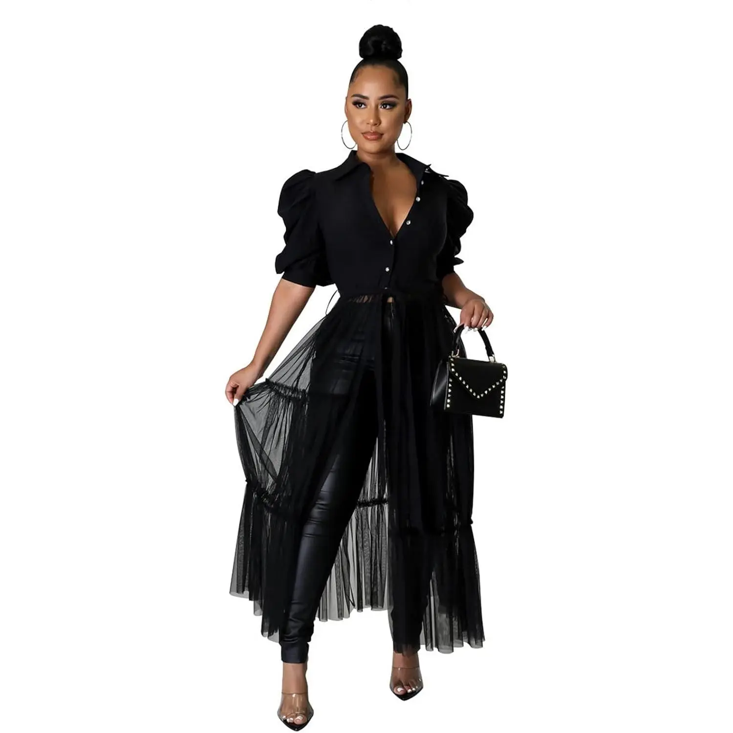 Women Sexy Short Sleeve High Low Asymmetrical Ruffle Tunics Blouse Shirt Top Dress