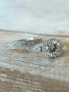 Elegant Rhinestone Decor Promise Rings, 2pcs/set Trendy Engagement Rings, Bridal Rings, Fashion Iced out Jewelry for Wedding Party