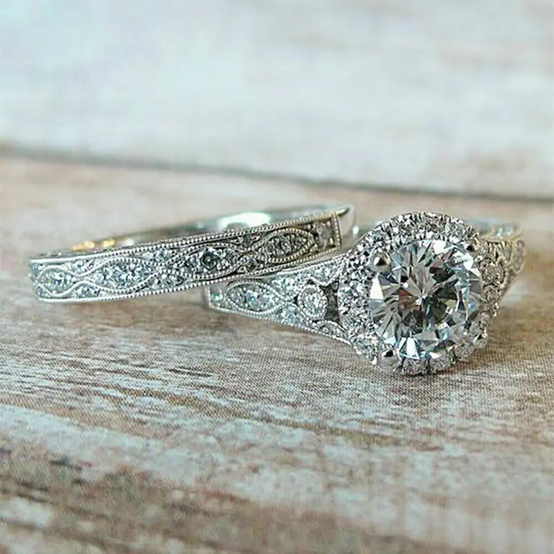 Elegant Rhinestone Decor Promise Rings, 2pcs/set Trendy Engagement Rings, Bridal Rings, Fashion Iced out Jewelry for Wedding Party, Beautiful Rings, Elegant Glittering Ring