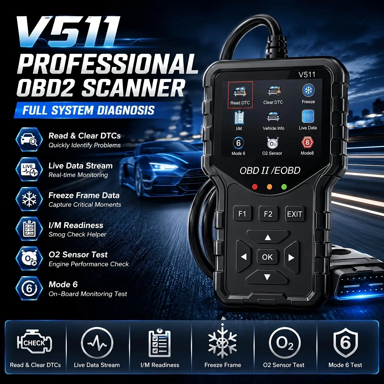 V511 OBD2 Scanner Live Data Professional Mechanic OBDII Diagnostic Code Reader Tool For Check Engine Light
