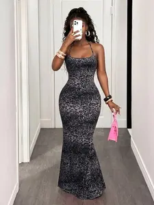 Women's Leopard Print Backless Fitted Fish Tail Dress, Sexy Elegant Party Dress, Summer Festival Club Travel Outdoor Beach