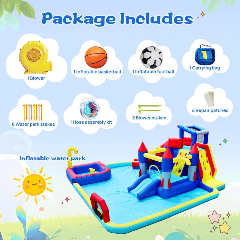 Bounce House Waterslide for Kids & Adults,Inflatable Bouncer Jumper Slide,Inflatable Party Pool Slide,10 in1 Inflatable Slide Water Park  Bouncing House Garden with Splash Pool & Water Gun & Basketball & Climbing Wall & Dual Pools & Soccer