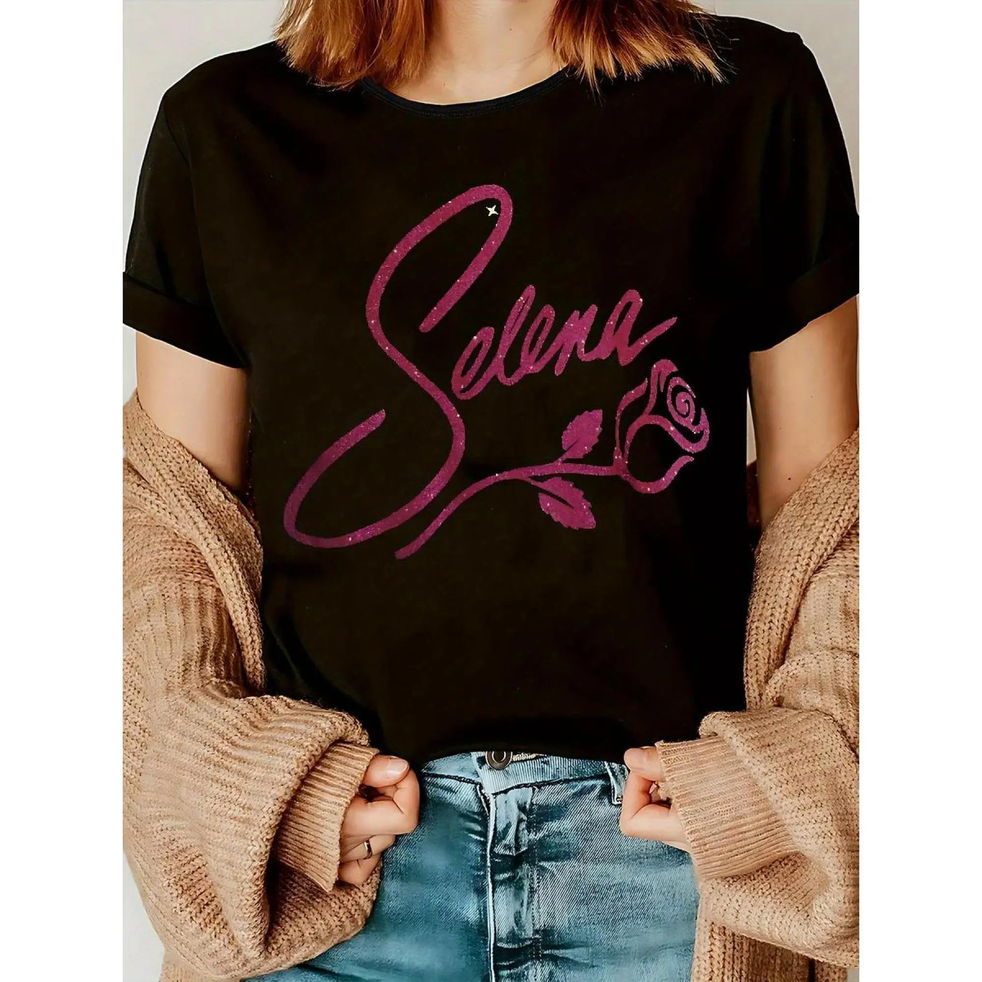 Selena Graphic T-Shirt for Women, Casual Streetwear Style, 100% Cotton Round Neck Short Sleeve Top, Selena Print, Shortsleeve, Tops, S, No