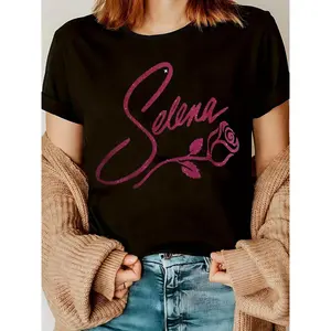 Women's Selena Graphic T-Shirt - Black with Pink Rose Design, 100% Cotton, Crew Neck, Short Sleeve, Casual Spring Summer Top