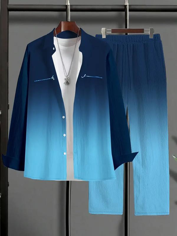 Men's Plus Size Casual Sport Suit: Gradient Long Sleeve T-Shirt + Pocket Drawstring Pants - Polyester Blend, Machine Washable, PLUS SIZE