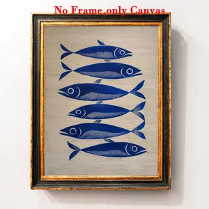 1 PC, wall art, restaurant poster, blue ink sardine stripes oil painting wall art print, stripes fashion aesthetic kitchen art, sardine kitchen art, antique fish art print, kitchen decor, living room decor, unframed