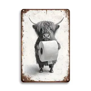 Highland Cow Holding Toilet Paper Metal Tin Sign, Vintage Metal Sign, Creative Bathroom Wall Art, Funny Restroom Sign for Home, Cafe, Restaurant