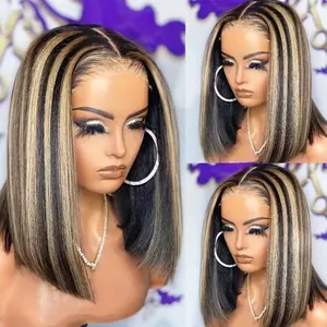 Highlights Blonde BOB Wig Human Hair 180 Density 13x4 Lace Front Straight Bob Wig Blonde Highlights with Natural Black Human Hair Bob Wig for Women