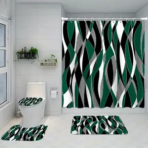 1/4 pcs Elegant black, white and green geometric pattern shower curtain set, non-slip floor mat, U-shaped carpet, toilet seat cover, perfect for bathroom decoration, partition, beautify the space, 12 shower curtain hooks are included