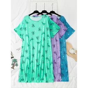 ��Plus Size�� Dinosaur Print Round Neck Nightdress, Casual Comfy Short Sleeve Nightgown for Women, Women's Sleepwear for All Seasons, Loungewear
